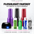 Fleshlight Fantasy 8-piece bundle with Ecchi purple case, Shokushu black case, Sho Akuma red case and five care essentials