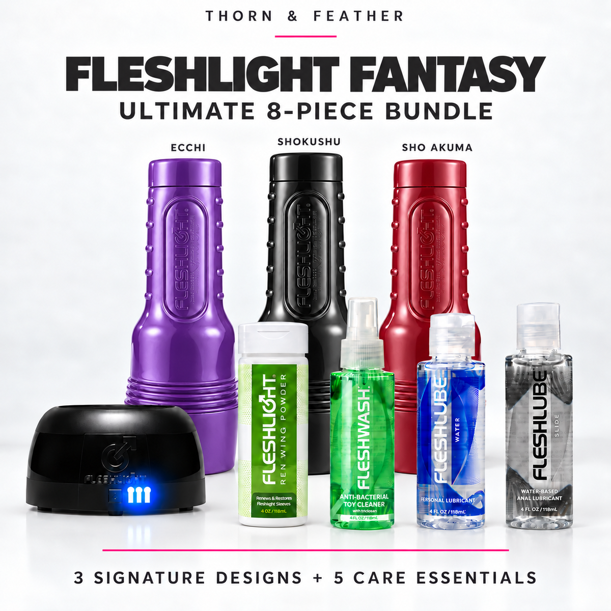 Fleshlight Fantasy 8-piece bundle with Ecchi purple case, Shokushu black case, Sho Akuma red case and five care essentials