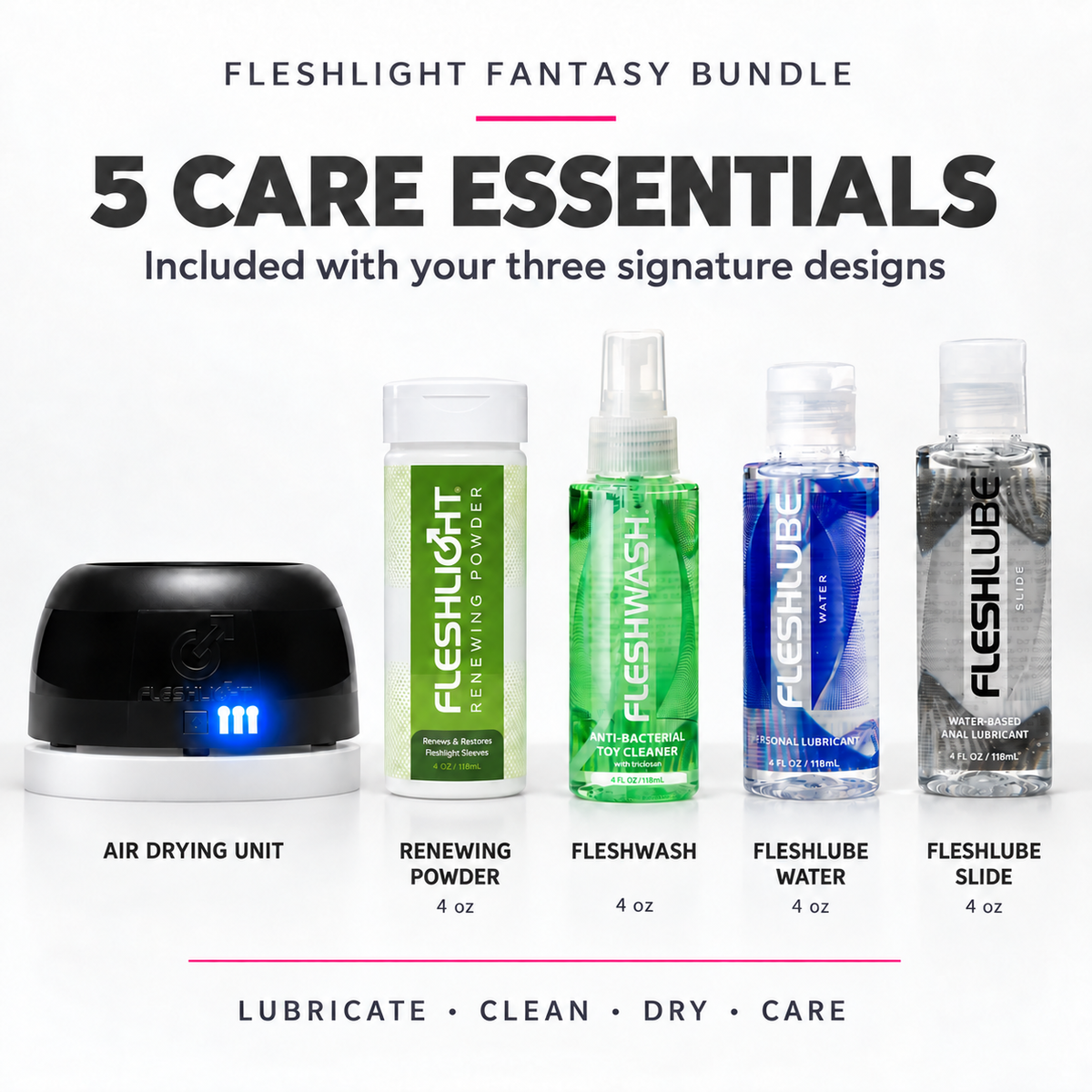 Five included care essentials: Fleshlight Air, Renewing Powder, Fleshwash, Fleshlube Water and Slide
