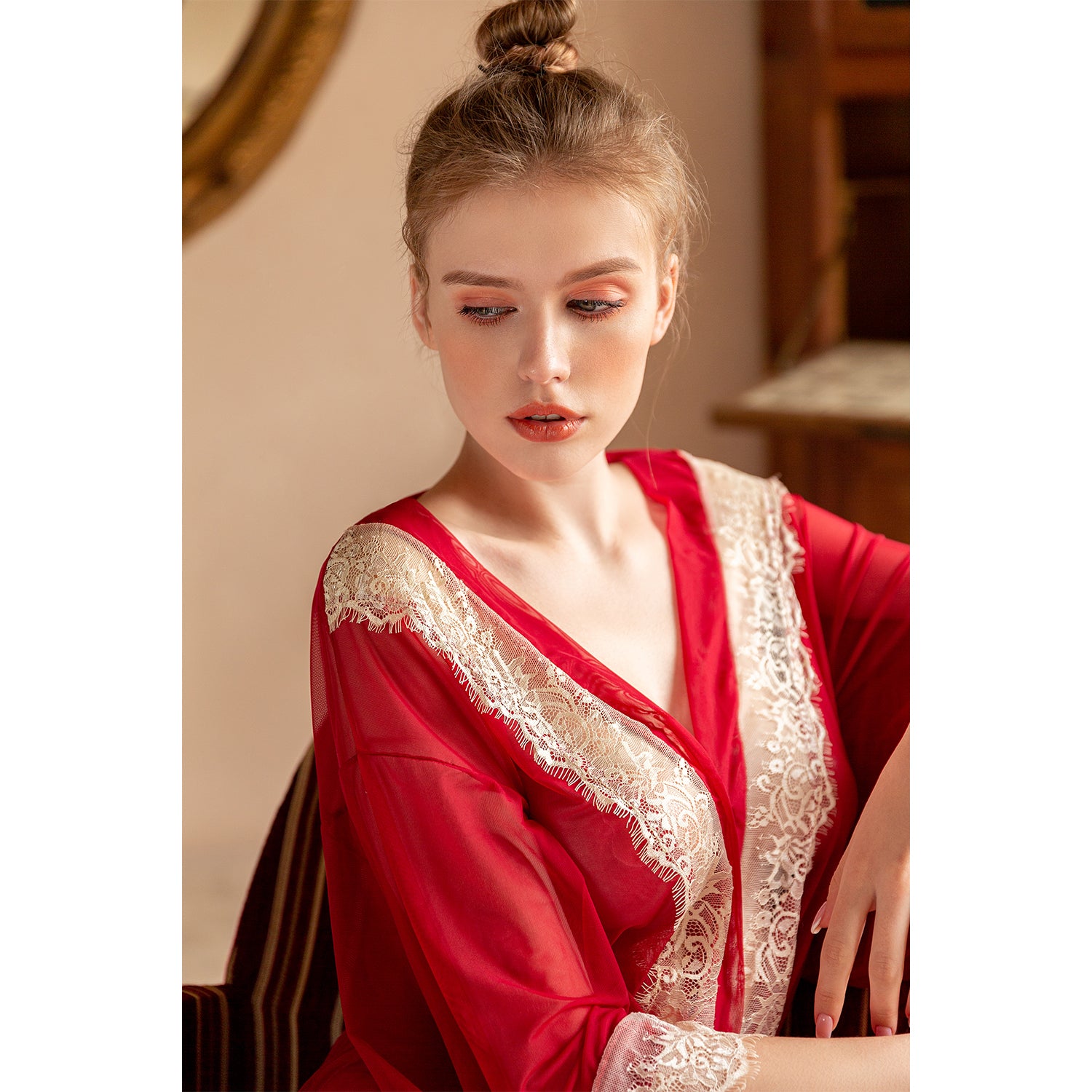 Crimson Lace Veil Sheer Overlay