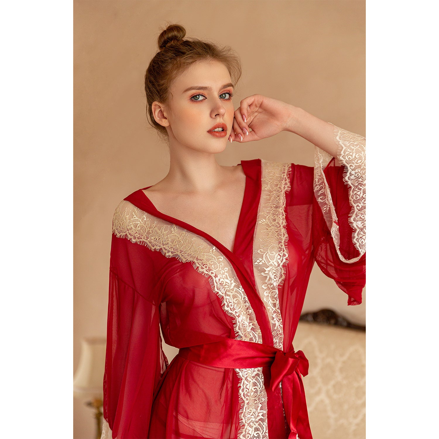 Crimson Lace Veil Sheer Overlay