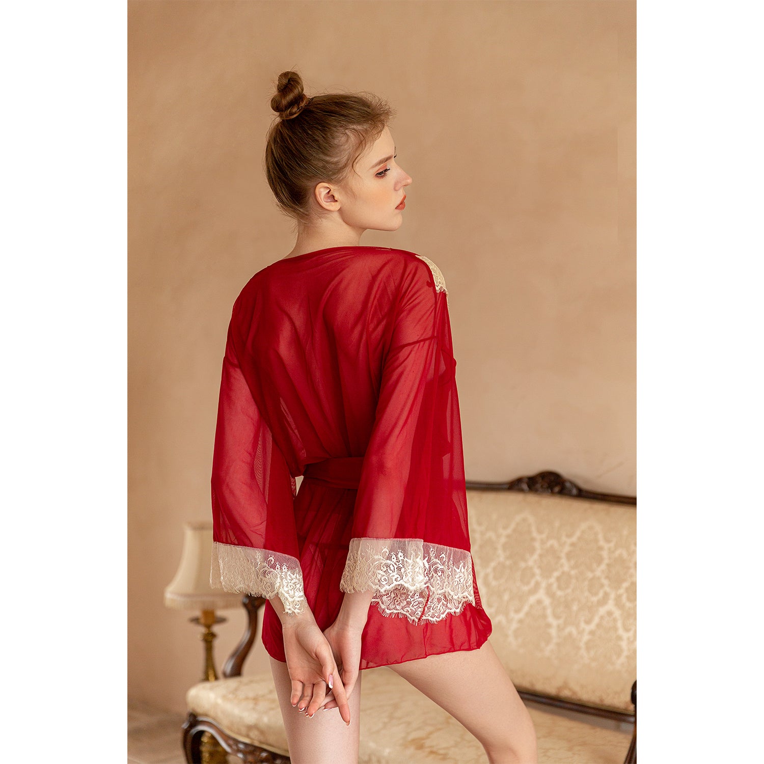 Crimson Lace Veil Sheer Overlay