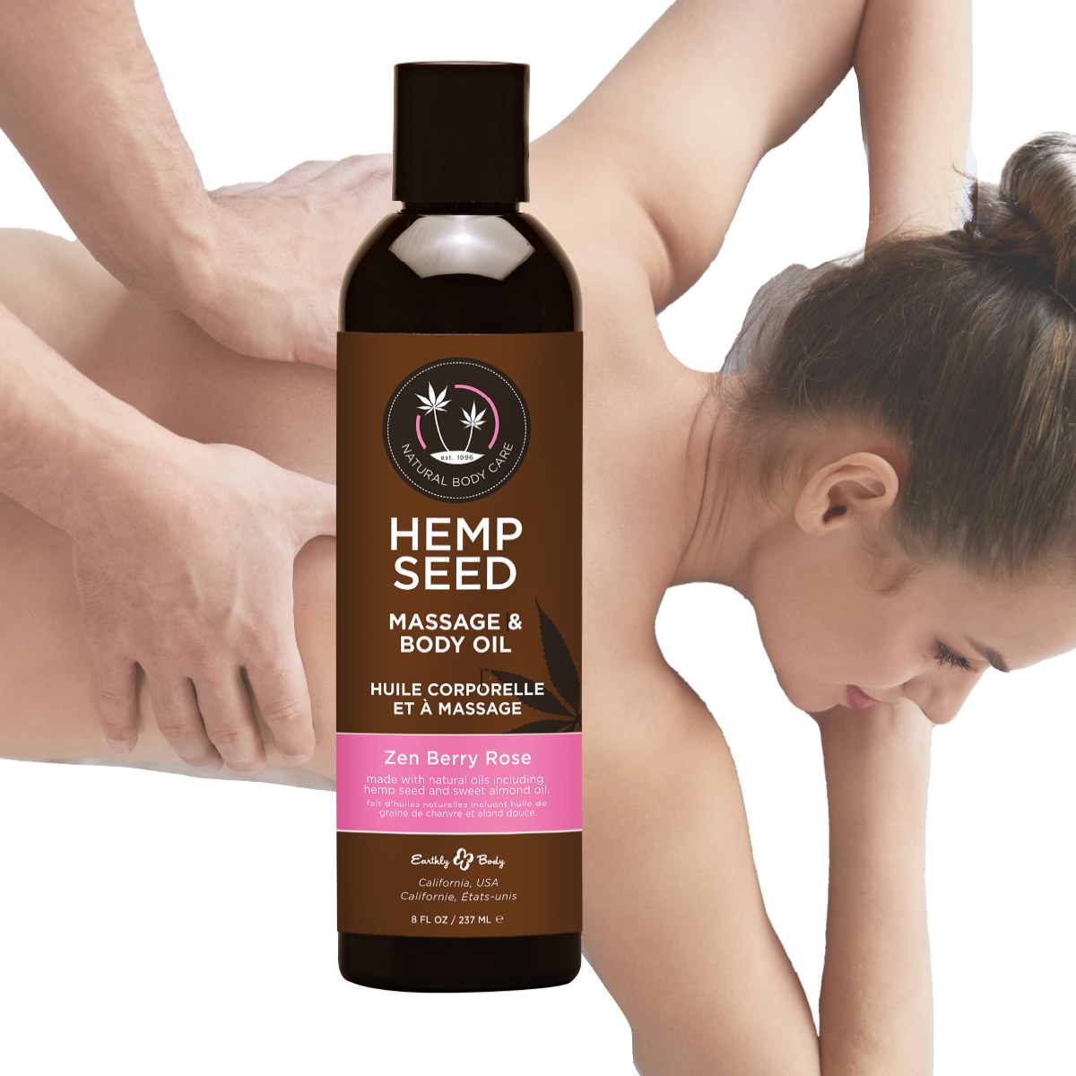 Earthly Body Hemp Seed Massage Oil - Zen Berry Rose, 8oz/237ml