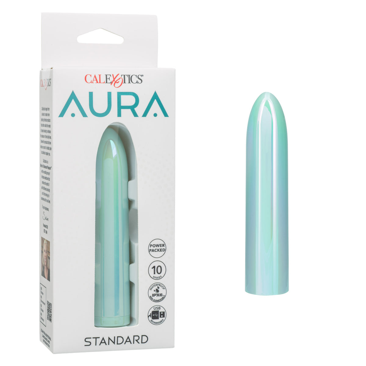 CalExotics Aura Standard teal rechargeable vibrator with retail packaging