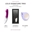LELO Signature Trio: GIGI 2 Deep Rose, LOKI Wave 2 Black in retail box, and SILA Cruise Lilac