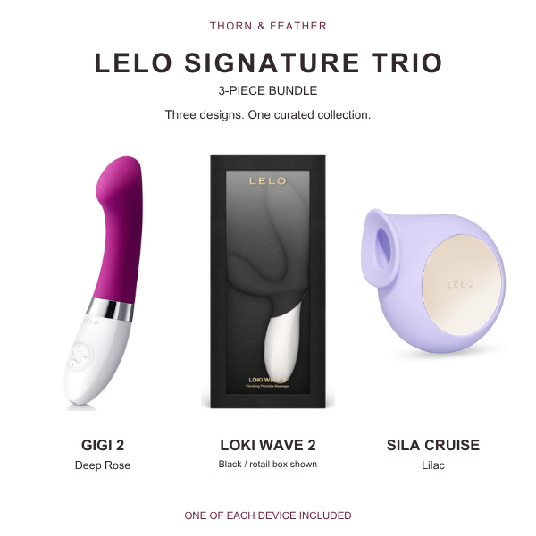 LELO Signature Trio: GIGI 2 Deep Rose, LOKI Wave 2 Black in retail box, and SILA Cruise Lilac