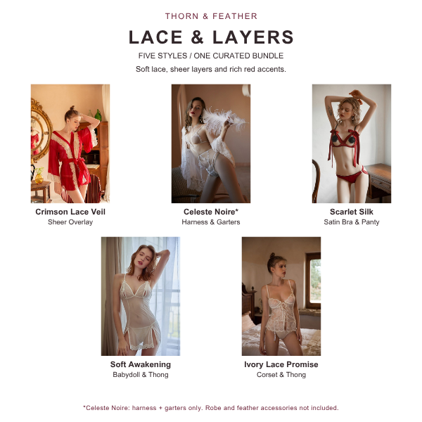 Thorn & Feather Lace & Layers Lingerie 5-Style Bundle — all five included styles