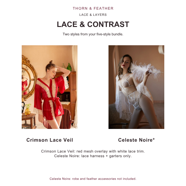 Thorn & Feather Lace & Layers Lingerie 5-Style Bundle — included style details