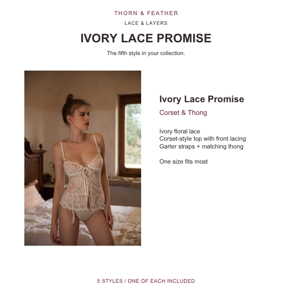 Thorn & Feather Lace & Layers Lingerie 5-Style Bundle — included style details