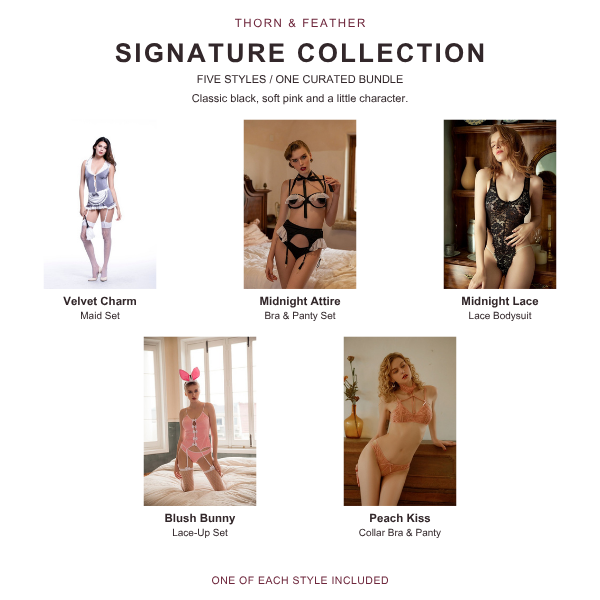 Thorn & Feather Signature Lingerie 5-Style Bundle — all five included styles