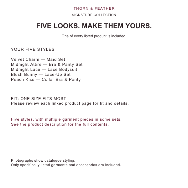 Thorn & Feather Signature Lingerie 5-Style Bundle — contents and fit information