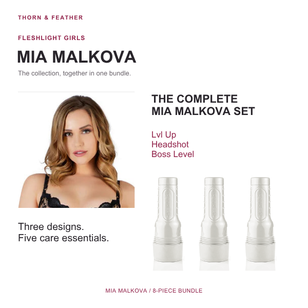 Mia Malkova collection portrait with Lvl Up, Headshot and Boss Level in ivory cases