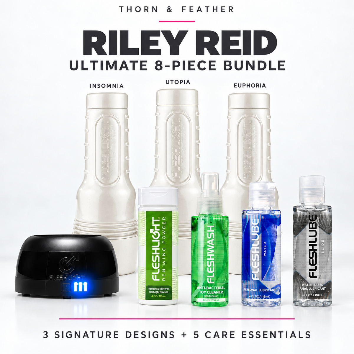 Riley Reid 8-piece bundle with three ivory cases, Fleshlight Air and four care essentials