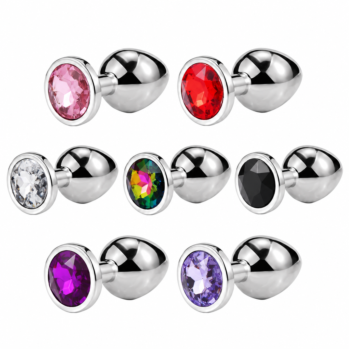 Round jeweled metal plug colour options: rose pink, red, clear, rainbow, black, deep purple and light purple. Sold individually.