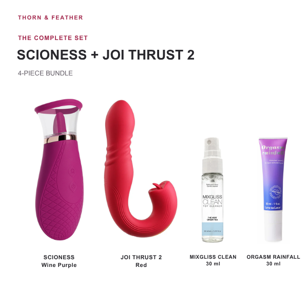 Scioness Wine Purple, Joi Thrust 2 Red, Mixgliss Clean 30 ml and Orgasm Rainfall 30 ml four-piece bundle