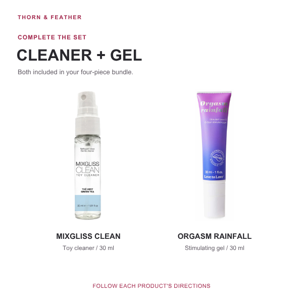 Mixgliss Clean 30 ml cleaner and Orgasm Rainfall 30 ml gel included in the bundle