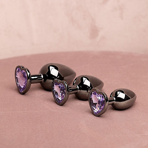 Heart Gem Butt Plug - Small, Gunmetal/Amethyst