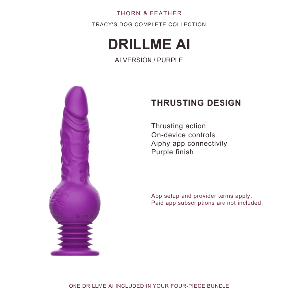 Purple Drillme AI product cutout and feature overview on white.