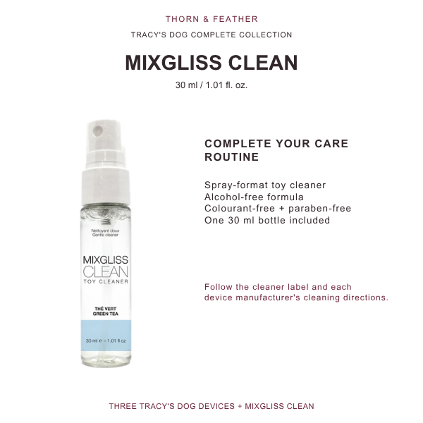 Mixgliss Clean 30 ml toy cleaner with care information on white.