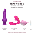 Tracy's Dog four-piece bundle highlighting purple Drillme AI, Red original OG and pink Whalo, with a smaller Mixgliss Clean 30 ml bottle on white.