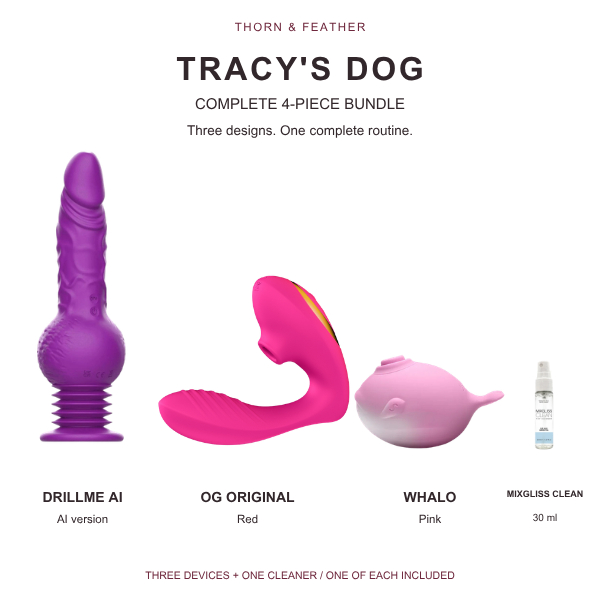 Tracy's Dog four-piece bundle highlighting purple Drillme AI, Red original OG and pink Whalo, with a smaller Mixgliss Clean 30 ml bottle on white.