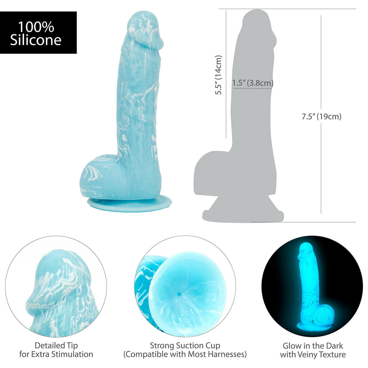 Addiction Luke 7.5" Glow-in-the-Dark Dildo With Balls - Blue - Thorn & Feather