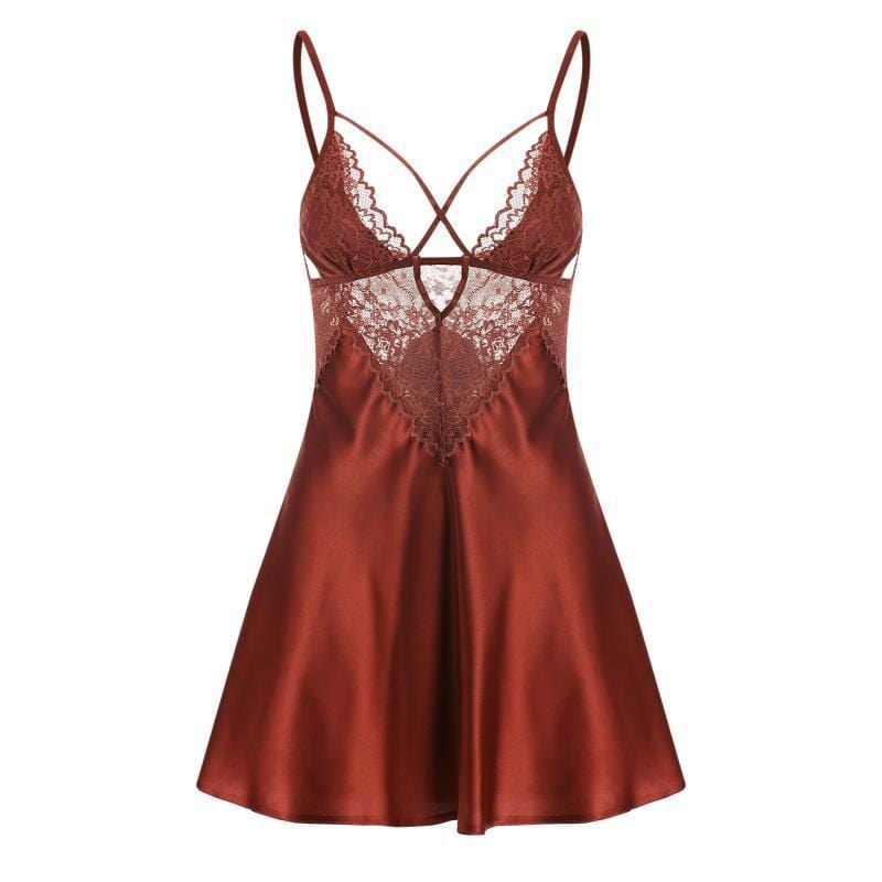 V Neck Satin Lace Slip Nightwear - Red, L - Thorn & Feather