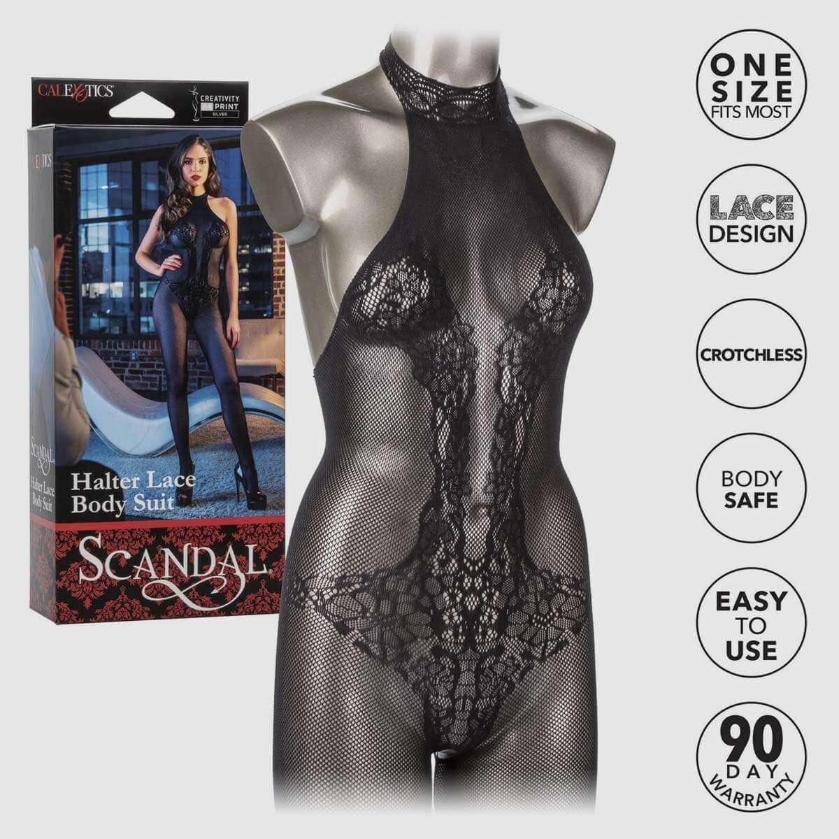 Scandal Halter Lace Bodystocking - Black, One Size - Thorn & Feather