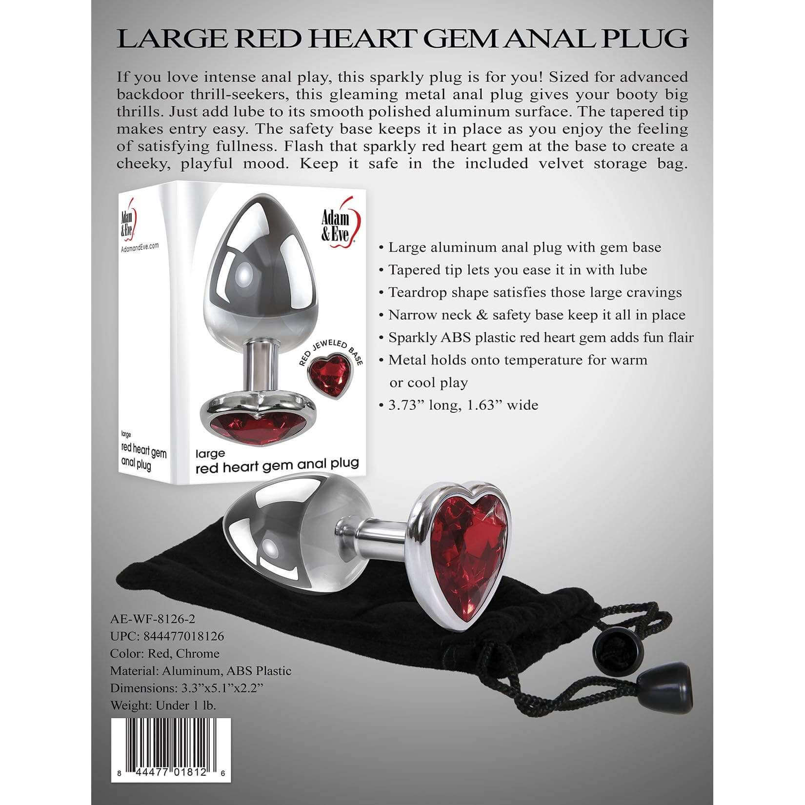 Red Heart Gem Anal Plug Chrome/Red - Large - Thorn & Feather