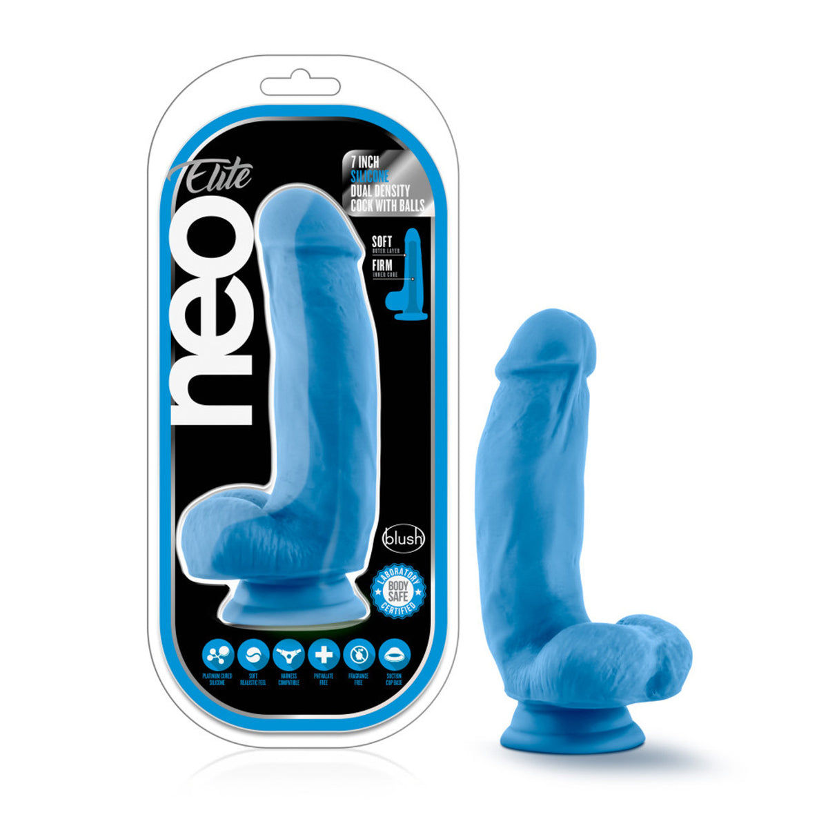 Neo Elite 7' Silicone Dual Density Cock w Balls - Neon Blue - Thorn & Feather