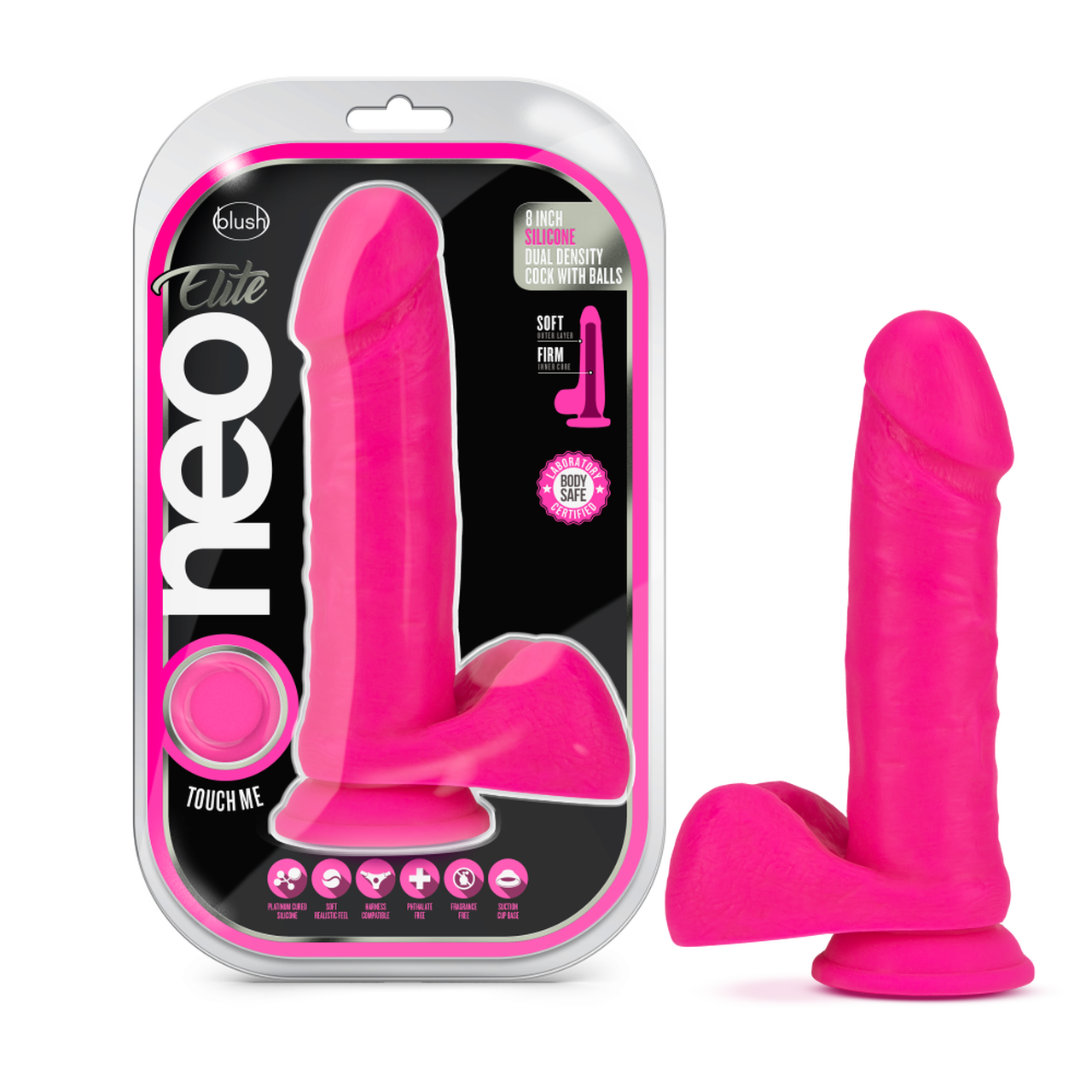 Neo Elite 8 Inch Silicone Dual Density Cock with Balls - Neon Pink - Thorn & Feather