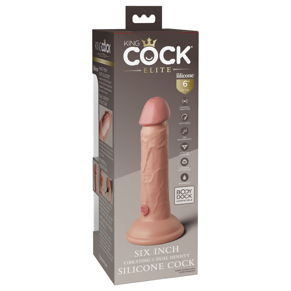 King Cock Elite 6" Dual Density Vibrating Silicone Cock with Remote - Light - Thorn & Feather