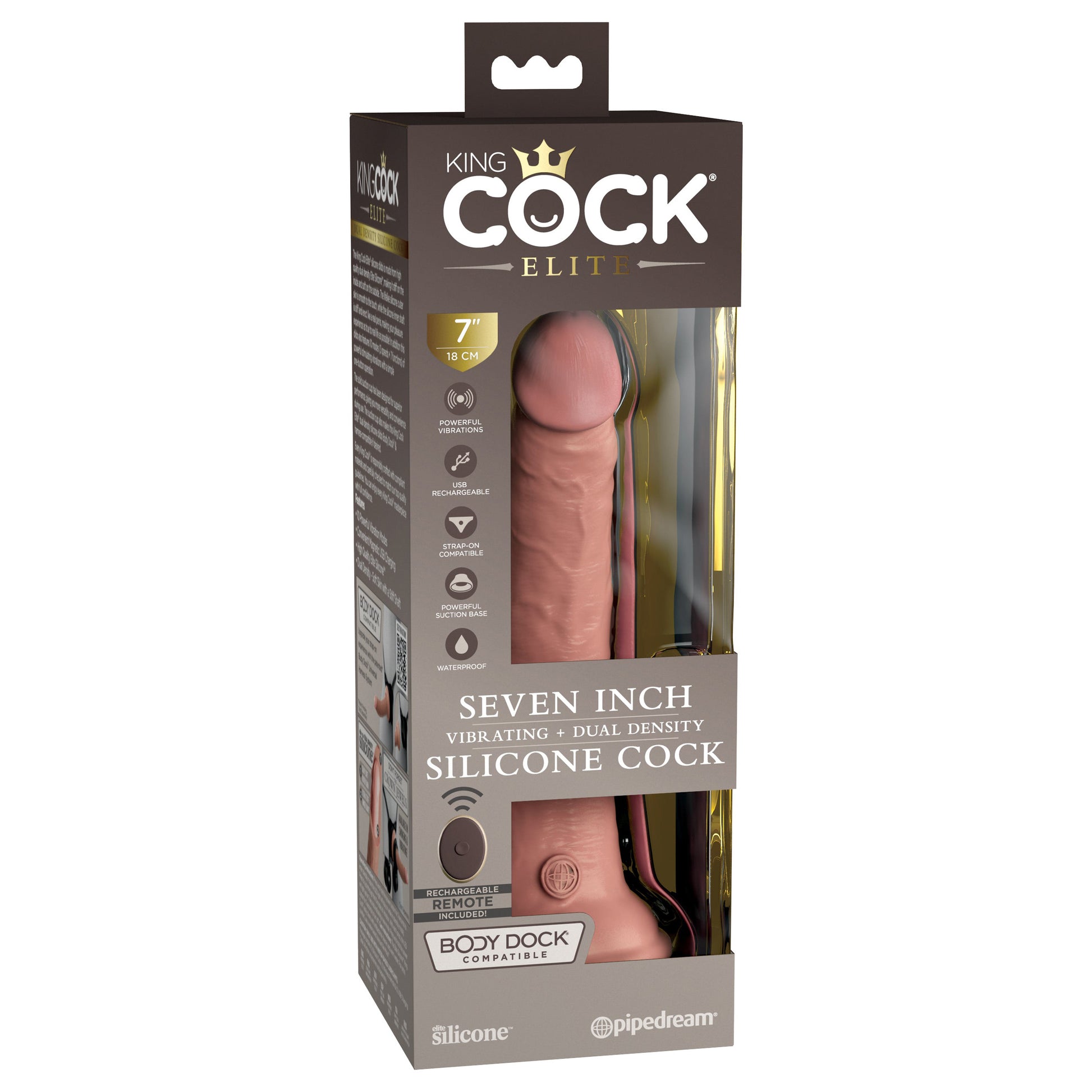 King Cock Elite 7" Dual Density Vibrating Silicone Cock with Remote - Light - Thorn & Feather Sex Toy Canada