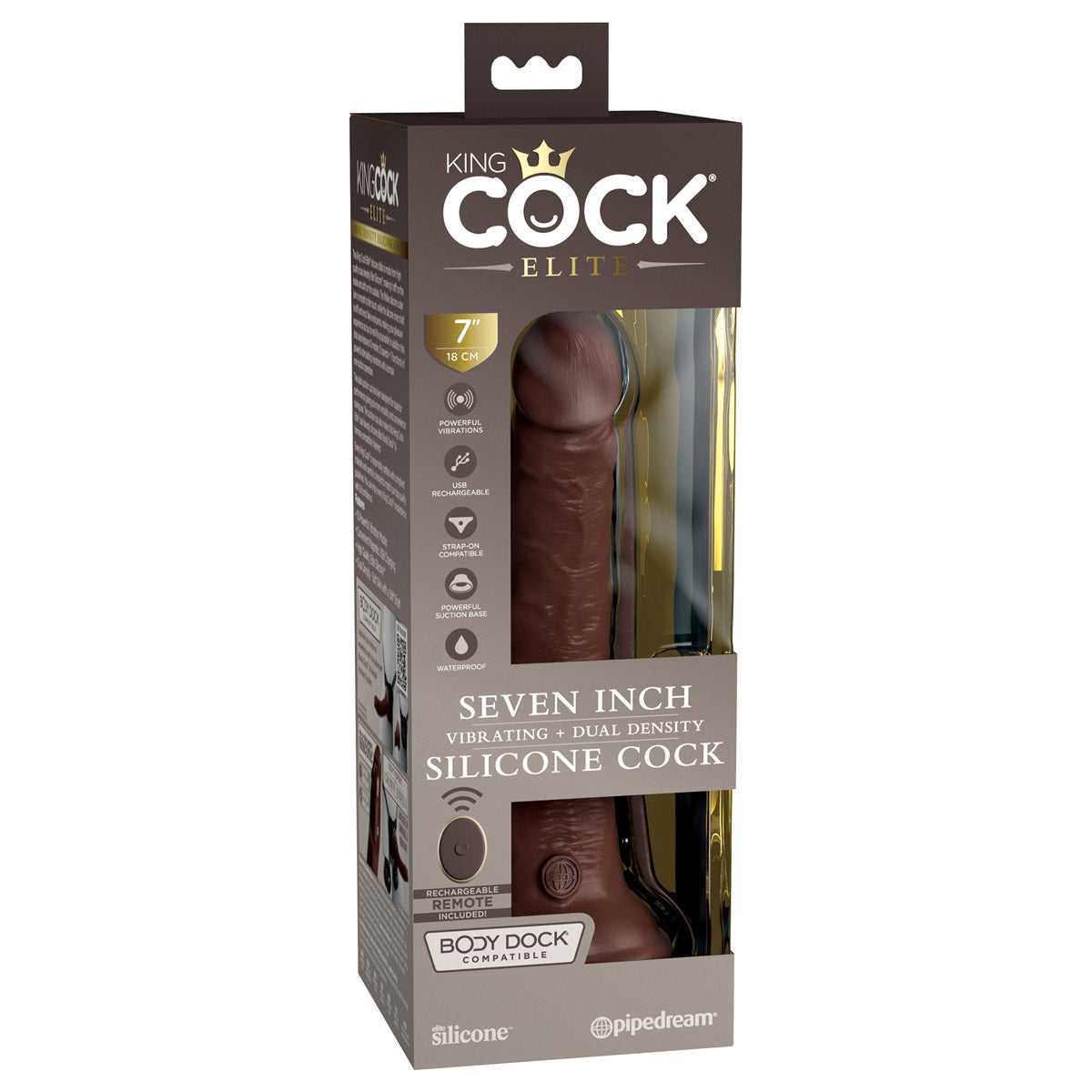King Cock Elite 7" Dual Density Vibrating Silicone Cock with Remote - Brown - Thorn & Feather Sex Toy Canada