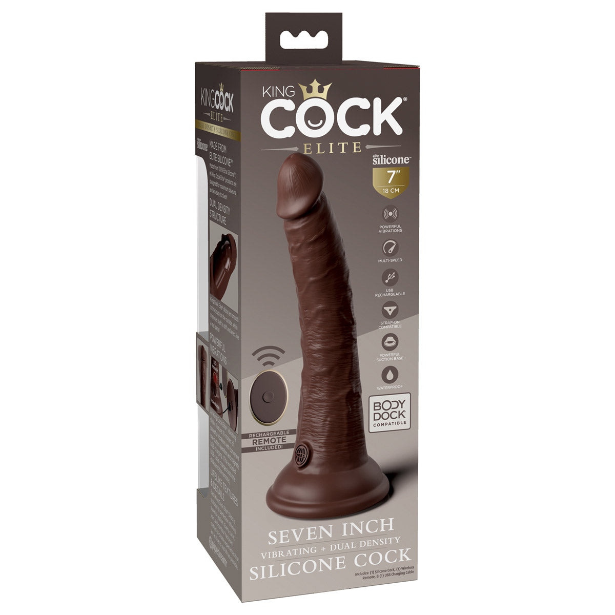 King Cock Elite 7" Dual Density Vibrating Silicone Cock with Remote - Brown - Thorn & Feather Sex Toy Canada