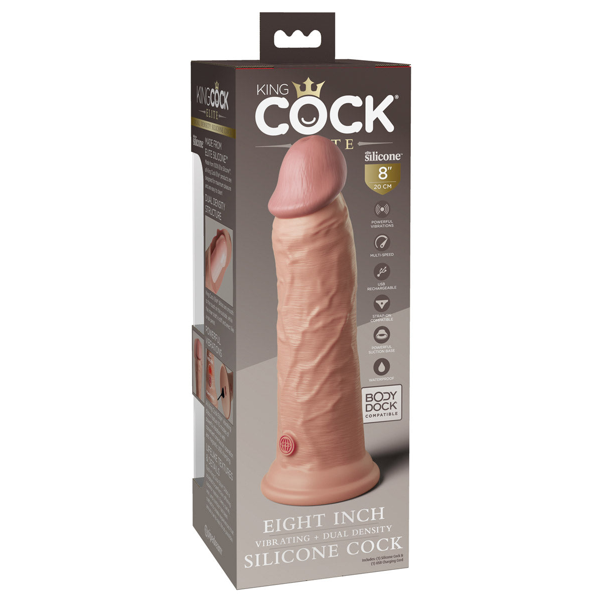 King Cock Elite 8" Dual Density Vibrating Silicone Cock - Light - Thorn & Feather