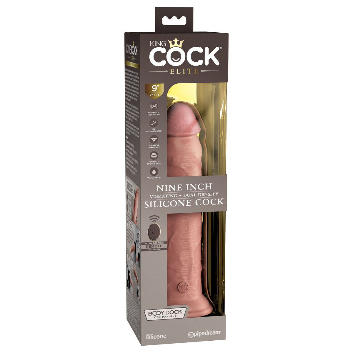 King Cock Elite 9" Dual Density Vibrating Silicone Cock with Remote - Light - Thorn & Feather