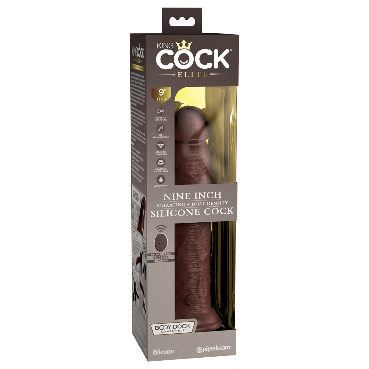 King Cock Elite 9" Dual Density Vibrating Silicone Cock with Remote - Brown - Thorn & Feather Sex Toy Canada
