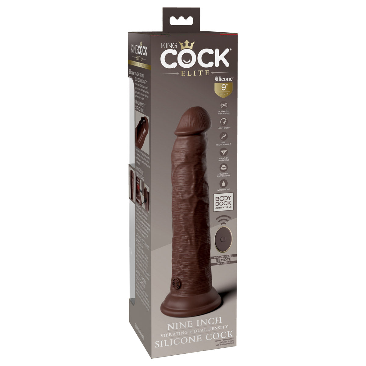 King Cock Elite 9" Dual Density Vibrating Silicone Cock with Remote - Brown - Thorn & Feather