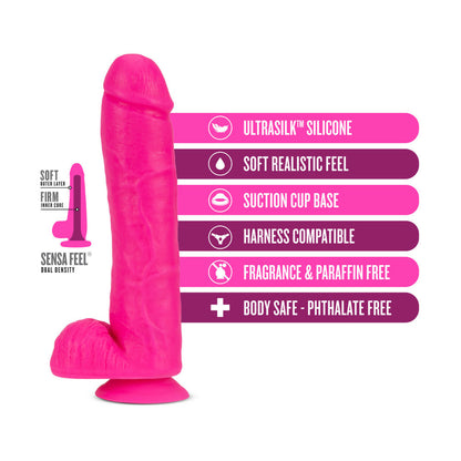 Neo Elite 11 Inch Silicone Dual Density Cock with Balls - Neon Pink - Thorn & Feather