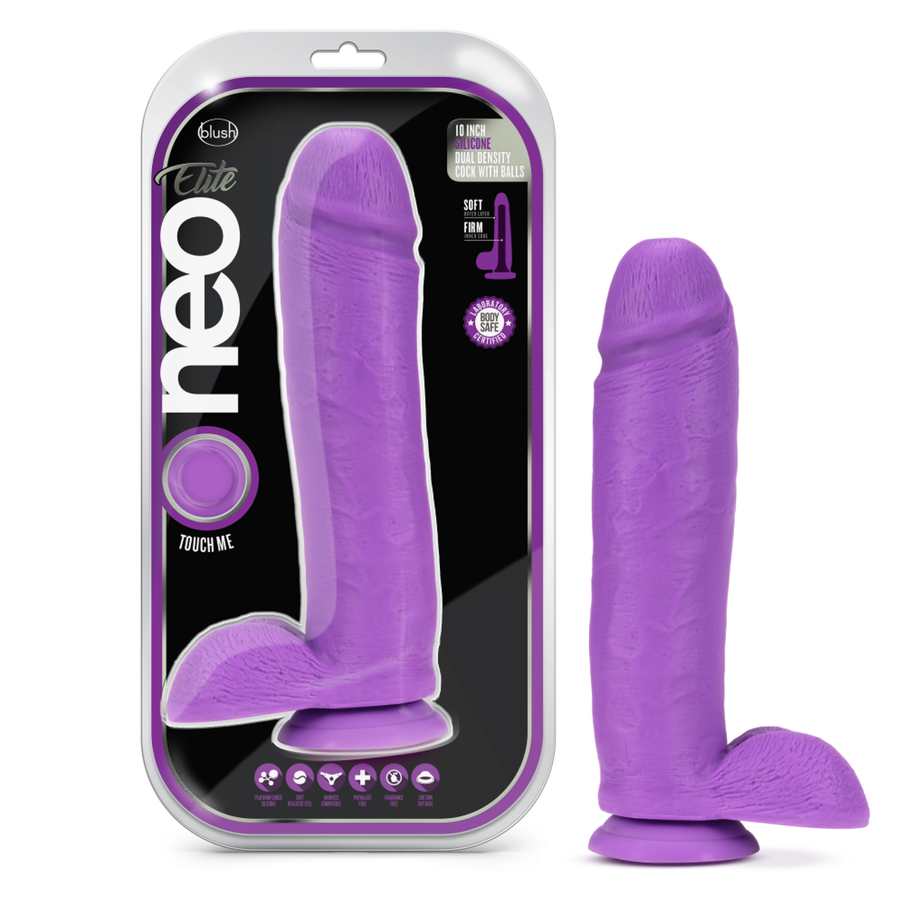 Neo Elite 10 Inch Silicone Dual Density Cock with Balls - Neon Purple - Thorn & Feather